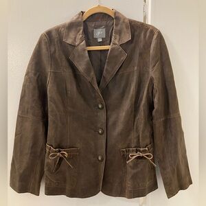 J. Jill Womens Brown Distressed Leather Bow Pockets Jacket Sz S